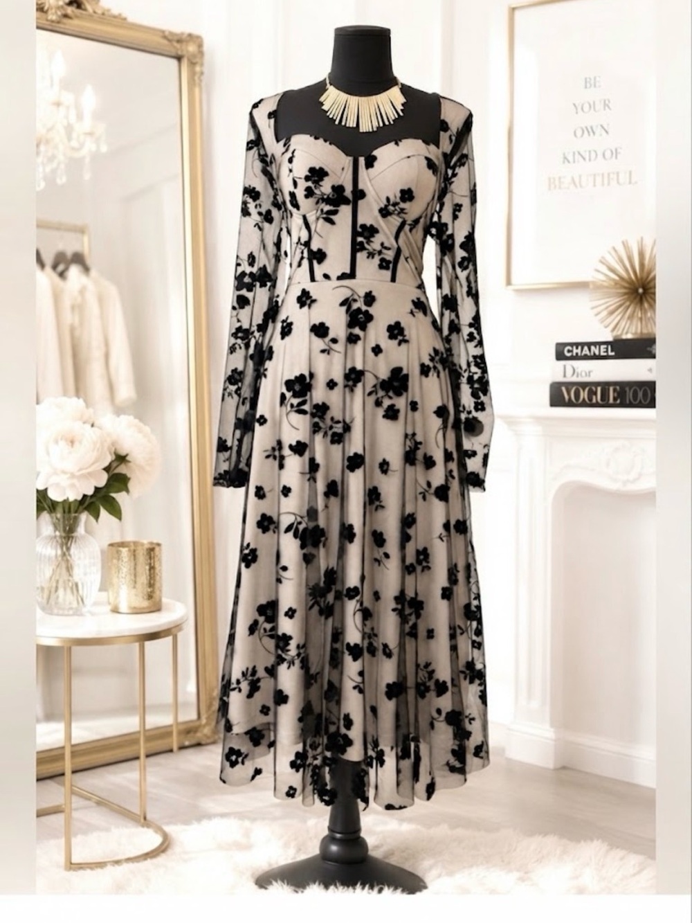 JJ HOUSE Romantic Edgy Black Midi Dress w/Lace Floral Shell